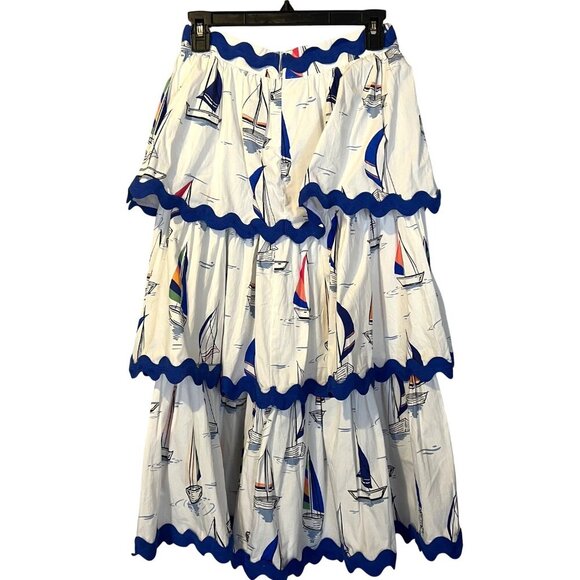 Palms Away Sailboat Print Tiered Maxi Skirt S Coastal Vacation Summer Beach - Picture 2 of 4